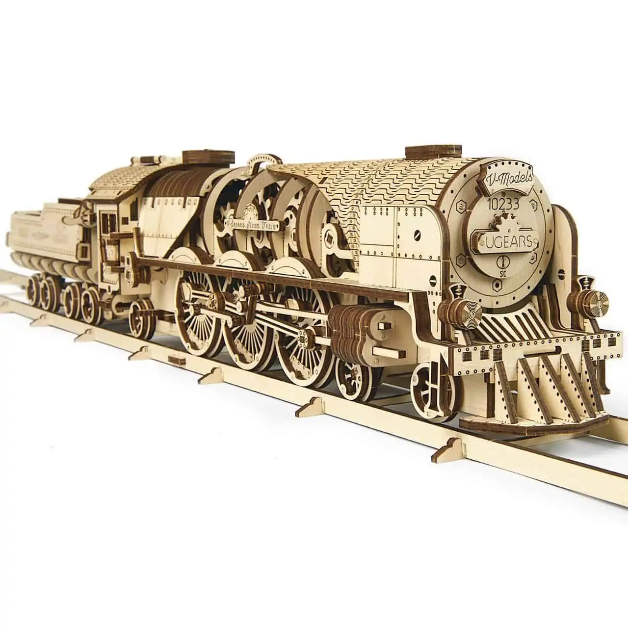 01.-Ugears-V-Express-Steam UGEARS V-Express Dampflokomotive mit Tender - mechanischer Holzbausatz – Bild 1