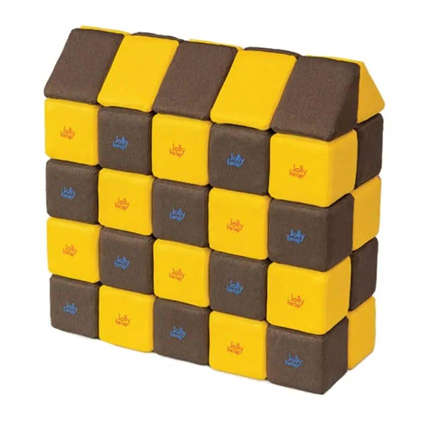 JollyHeap 50 Teile Bunte Schaumstoffbausteine in Gelb und Dunkelbraun, geeignet für Babys und Kleinkinder, zum Stapeln und Spielen im Innenbereich.