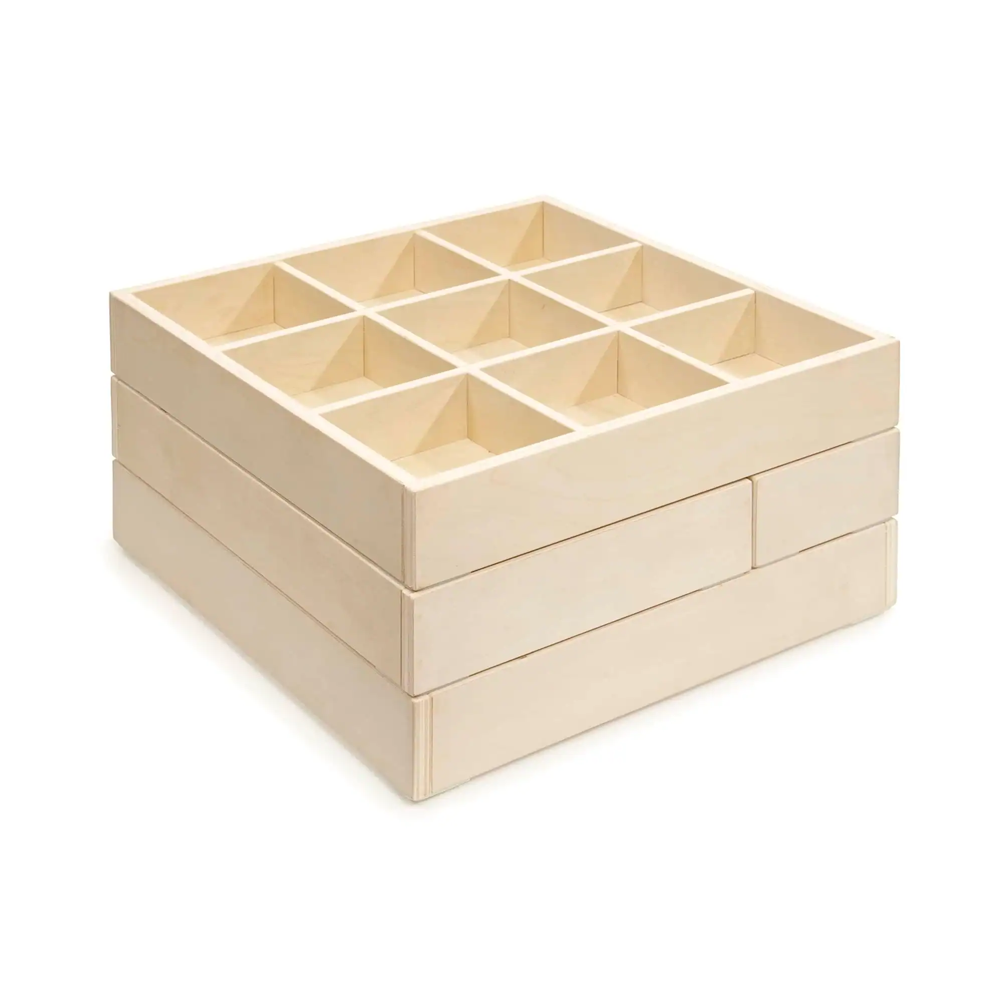 Leeres Holz-Mahjong-Spiel mit acht Rahmenteilen auf weißem Hintergrund.