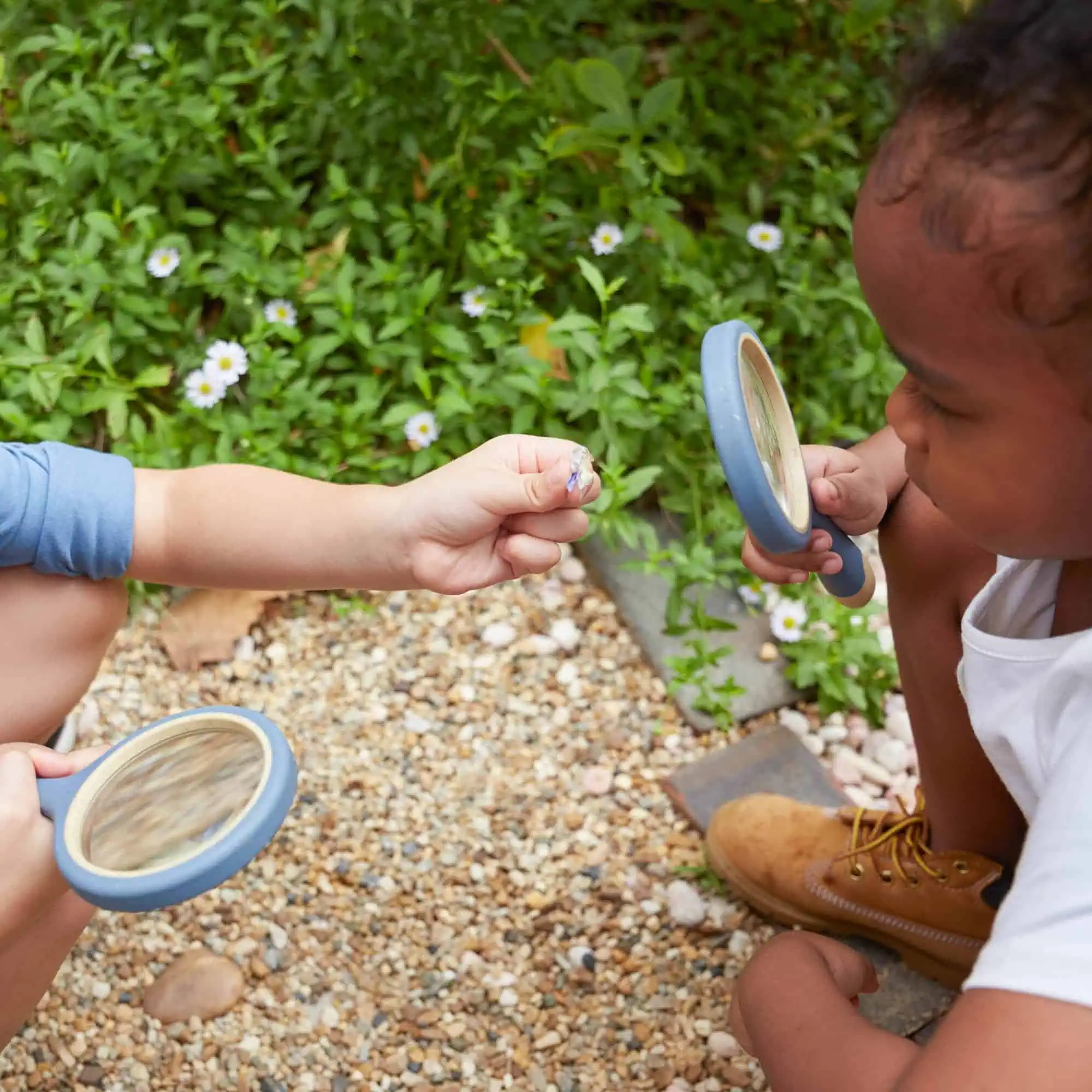 2. Nahaufnahme von zwei Kindern, die im Garten mit Lupen nach kleinen Tieren und Pflanzen suchen, umweltfreundlich und neugierig.
