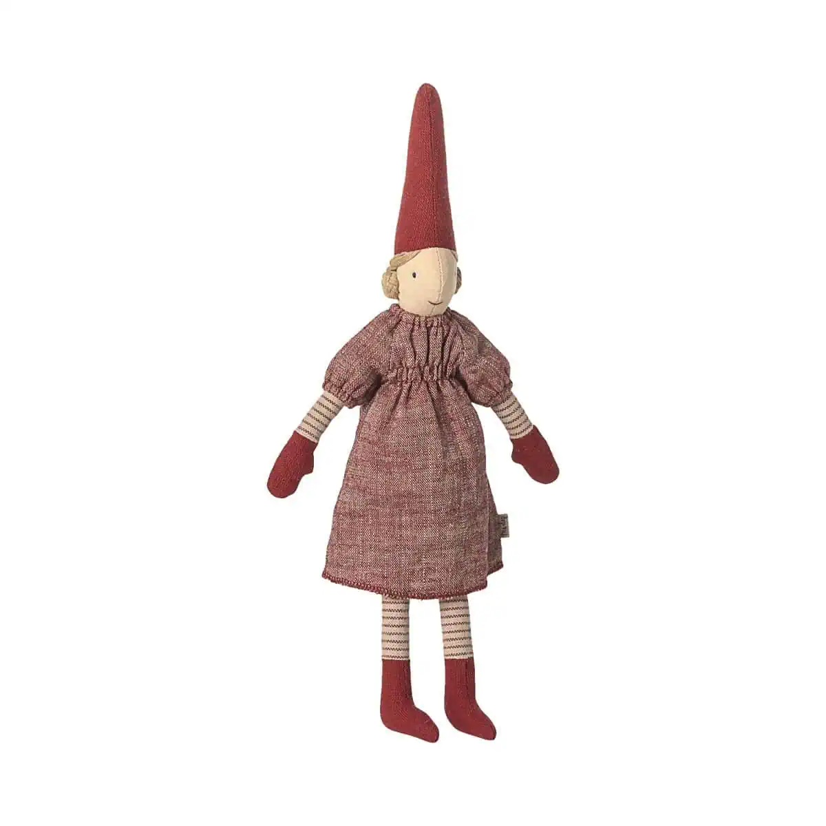 Maileg-Pixy, Größe 2 - Mädchen - Rotes Kleid-14-5422-00 2. Niedlicher Stoff-Elfen mit rotem Hut, Kleid und gestreiften Armen und Beinen, handgefertigt, perfekt als Kuscheltier oder Dekoration.