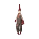 Hochwertige Plüschpuppe in festlichem Weihnachtsdesign, trägt einen roten Zipfelmütze, gestrickten Schal, Latzhose mit Patch-Details, rote Handschuhe und Schuhen, ideal als festliche Dekoration oder Geschenk.